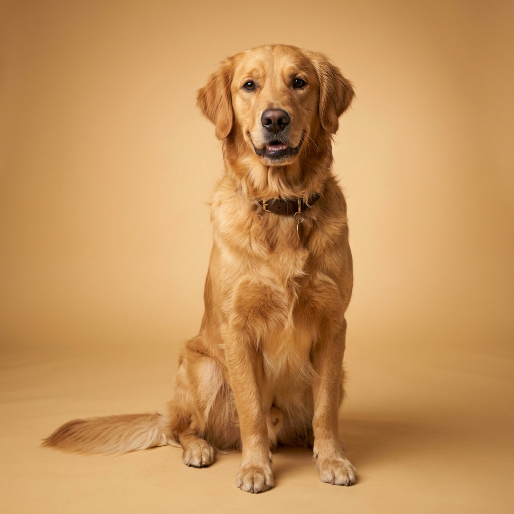 Porträt eines gesunden, gut bemuskelten erwachsenen Golden Retrievers vor weizengoldenem Studiohintergrund