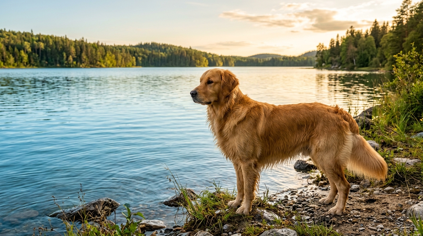 Gesunder erwachsener Golden Retriever steht am Ufer eines ruhigen Sees im warmen Nachmittagslicht
