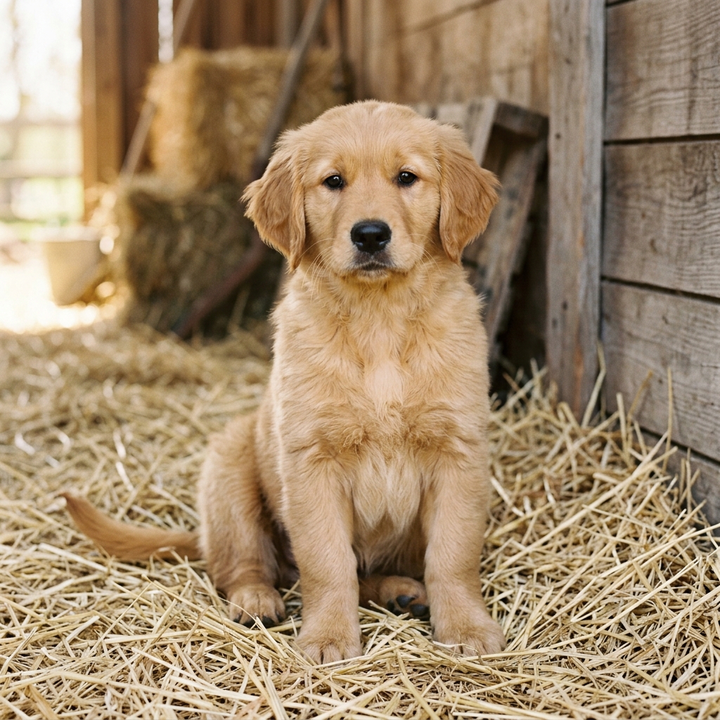 Gesunder Golden-Retriever-Welpe von etwa acht Wochen sitzt aufmerksam auf hellem Stroh